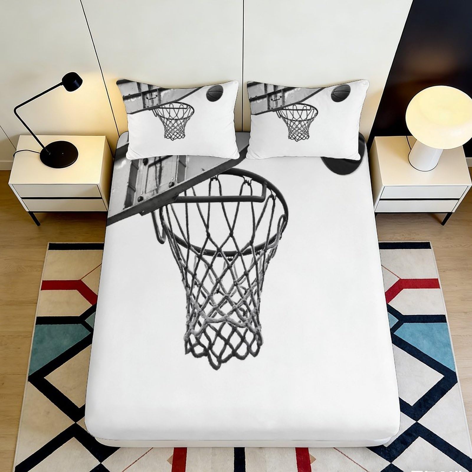 3D Printed Basketball Hoop Fitted Sheet Microfiber Black White Sports Bed Cover for Bedroom Dorm Protective Decor, Machine Washable 200x200x25cm