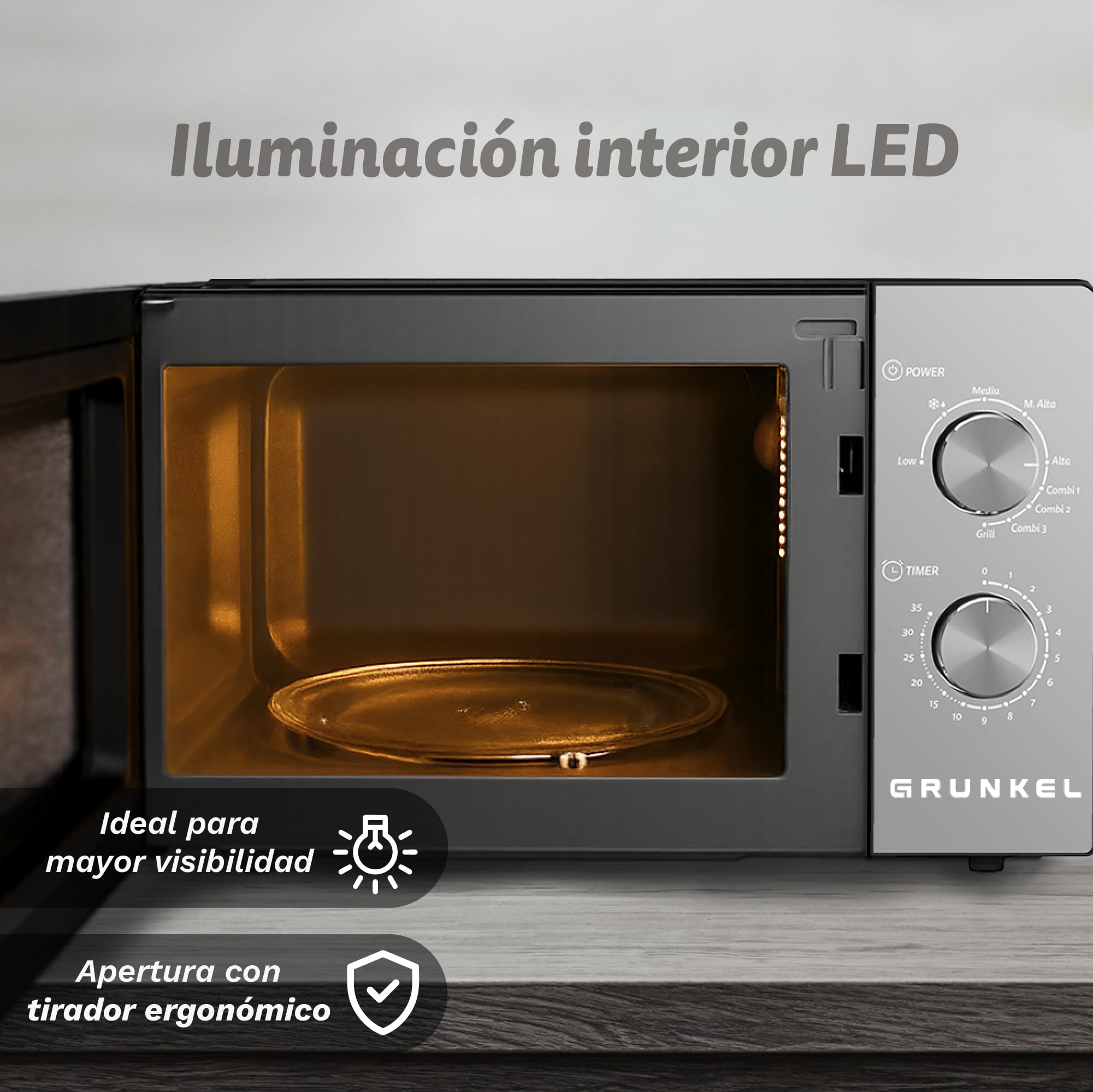 Microondas con grill Grunkel MWG-20ESPEJO de 20 litros y 700w con funcion grill 800w. Temporizador de 35 minutos 5 niveles de potencia y 3 modos combi. Acabado frontal espejo