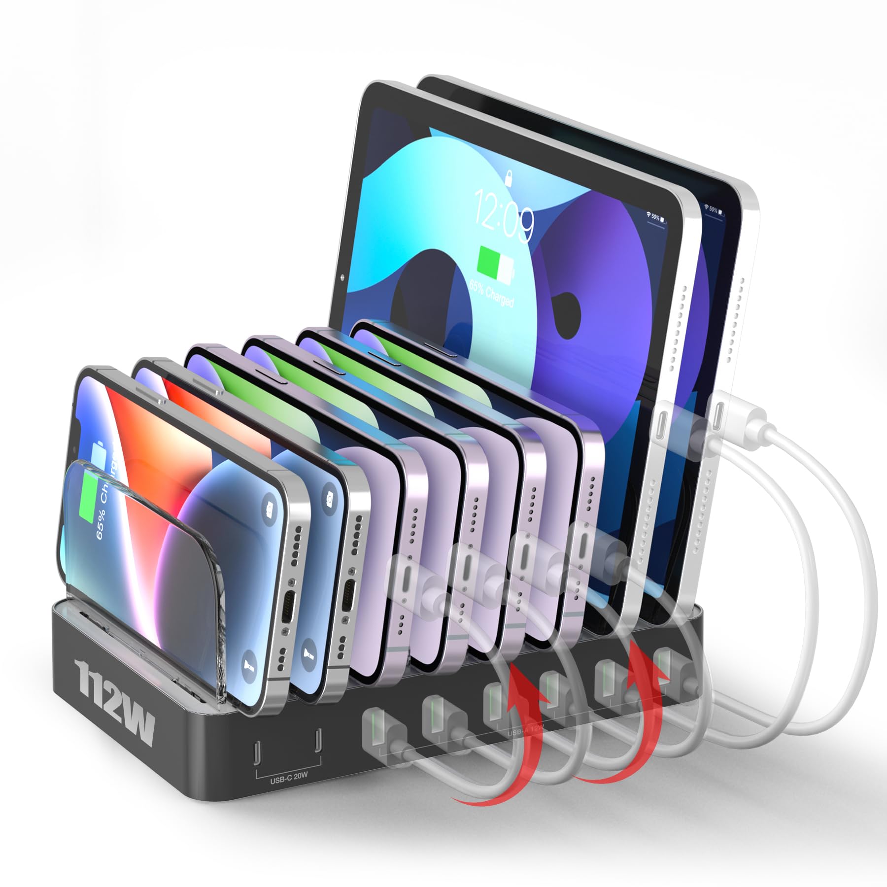 Unitek 8 Port USB Charger Dock - 2 PD 20W USB-C + 6 USB-A Ports Fast Charging Station for iPhone, iPad, Samsung Devices - Black Multi Tablet Holder &