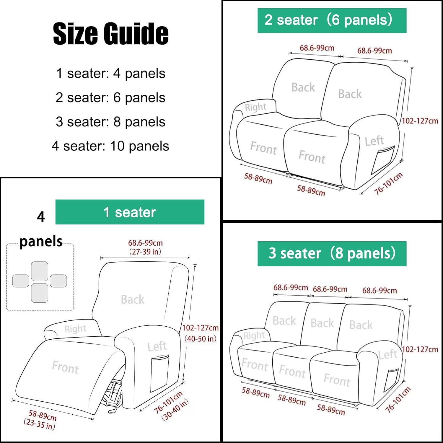 4-Piece, 1 Seat Recliner Cover, Soft Stretchable Slipcovers with Elastic Straps, Lazy Boy Recliner Covers, Machine Washable,Green,3 Seater