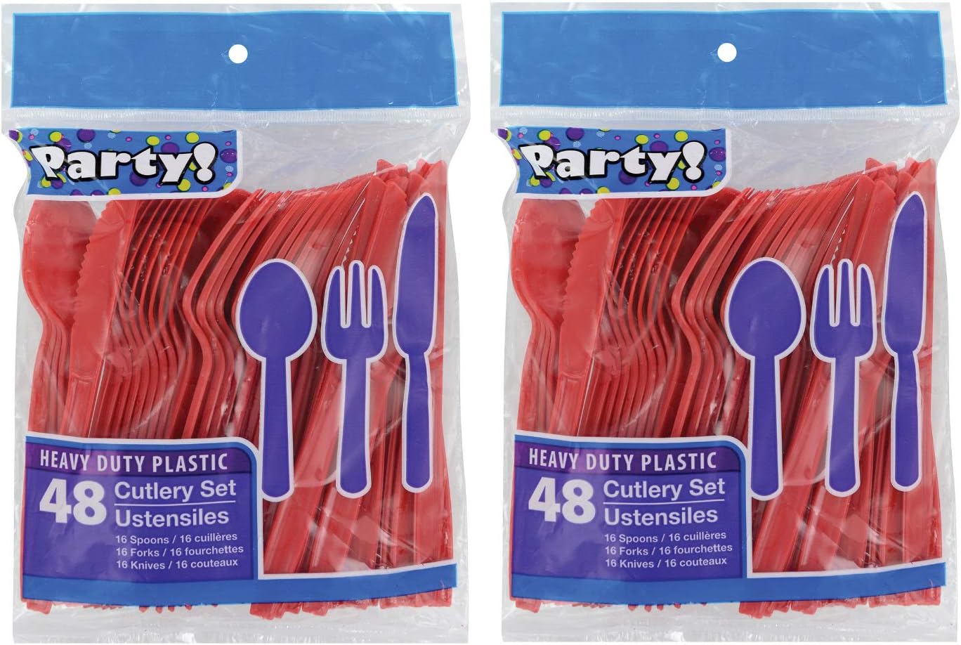 Heavy Duty Plastic Cutlery Set in Red- 32 Spoons, 32 Forks, 32 Knives