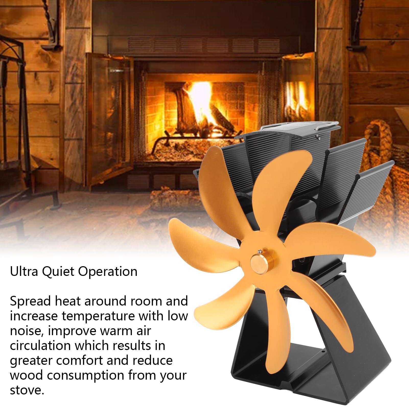 mingzhe Ventilatore per Stufa Alimentato a Calore a 7 Pale Funzionamento Silenzioso Ecologico per Caminetti Domestici Design Compatto in Lega di Alluminio (Oro)