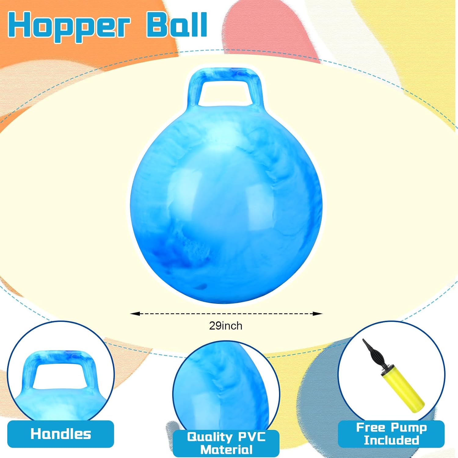 Poen 2 Pcs 29 Inch Hopper Bouncing Ball with Handle Jumping Bouncy Space Hopping Ball with Air Pump for Exercise (Marbled Red, Marbled Blue)