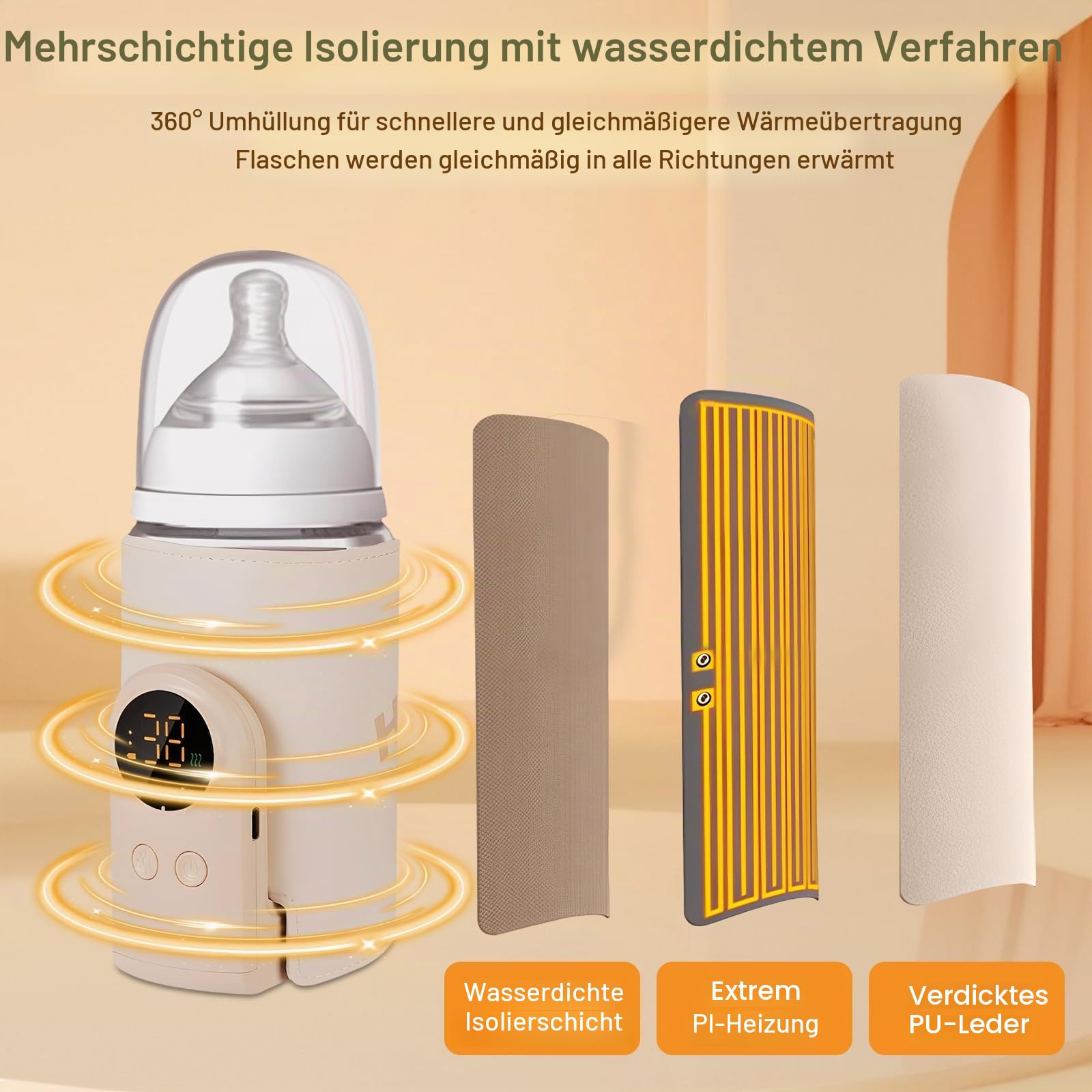 Flaschenwärmer Baby, Tragbarer Flaschenwärmer Akku mit LCD-Display, USB-Aufladung, 6 Einstellbare Temperaturstufen (38-50°C), Schneller Heizung, Unterwegs Babyflaschenwärmer für Unterwegs und Zuhause
