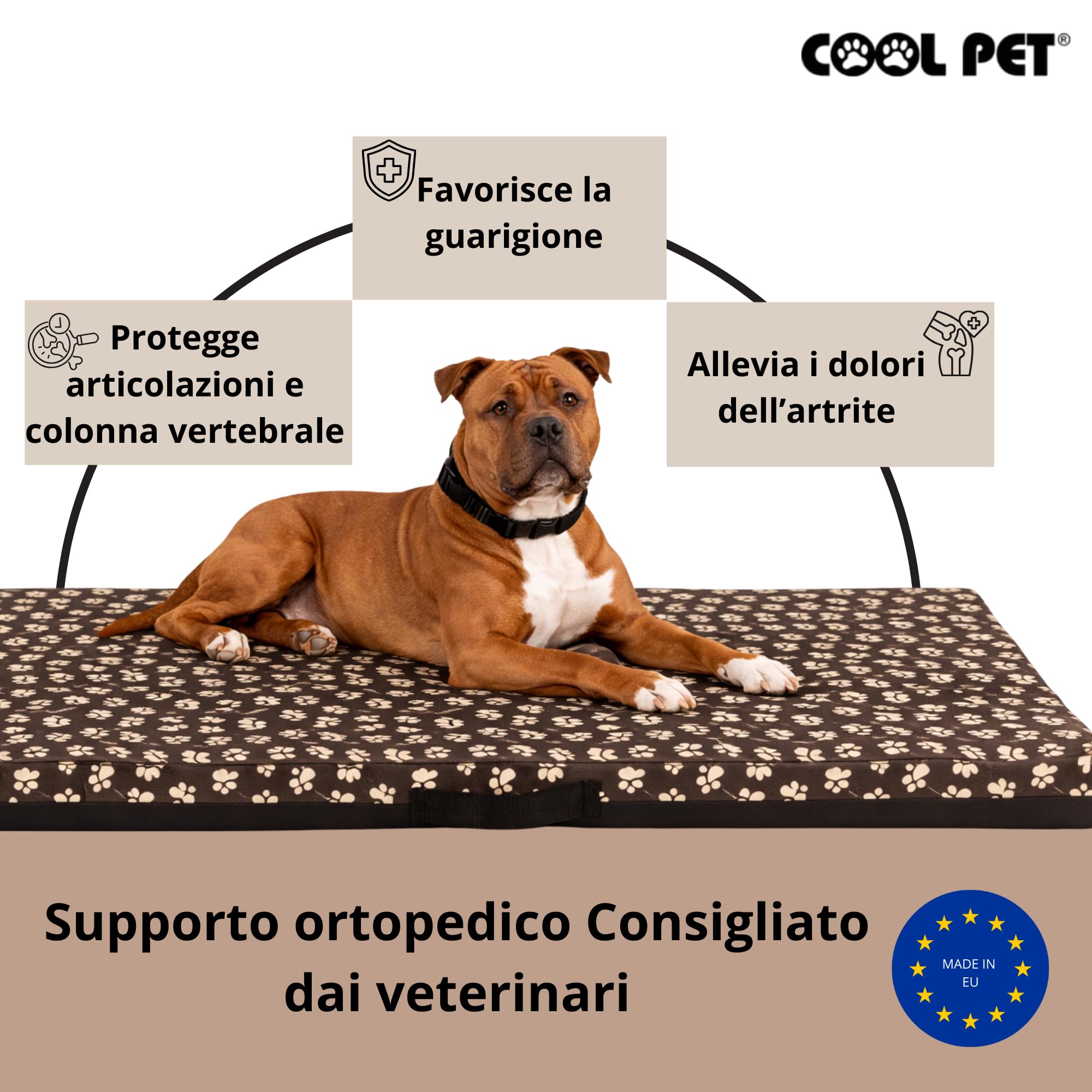 COOL PET Materassino per cani, spessore 5 cm, in schiuma fredda ortopedica (Memory Foam), tessuto Oxford 600D, con rivestimento in PVC, dimensioni 4XL-120 x 80 cm, marrone con zampe
