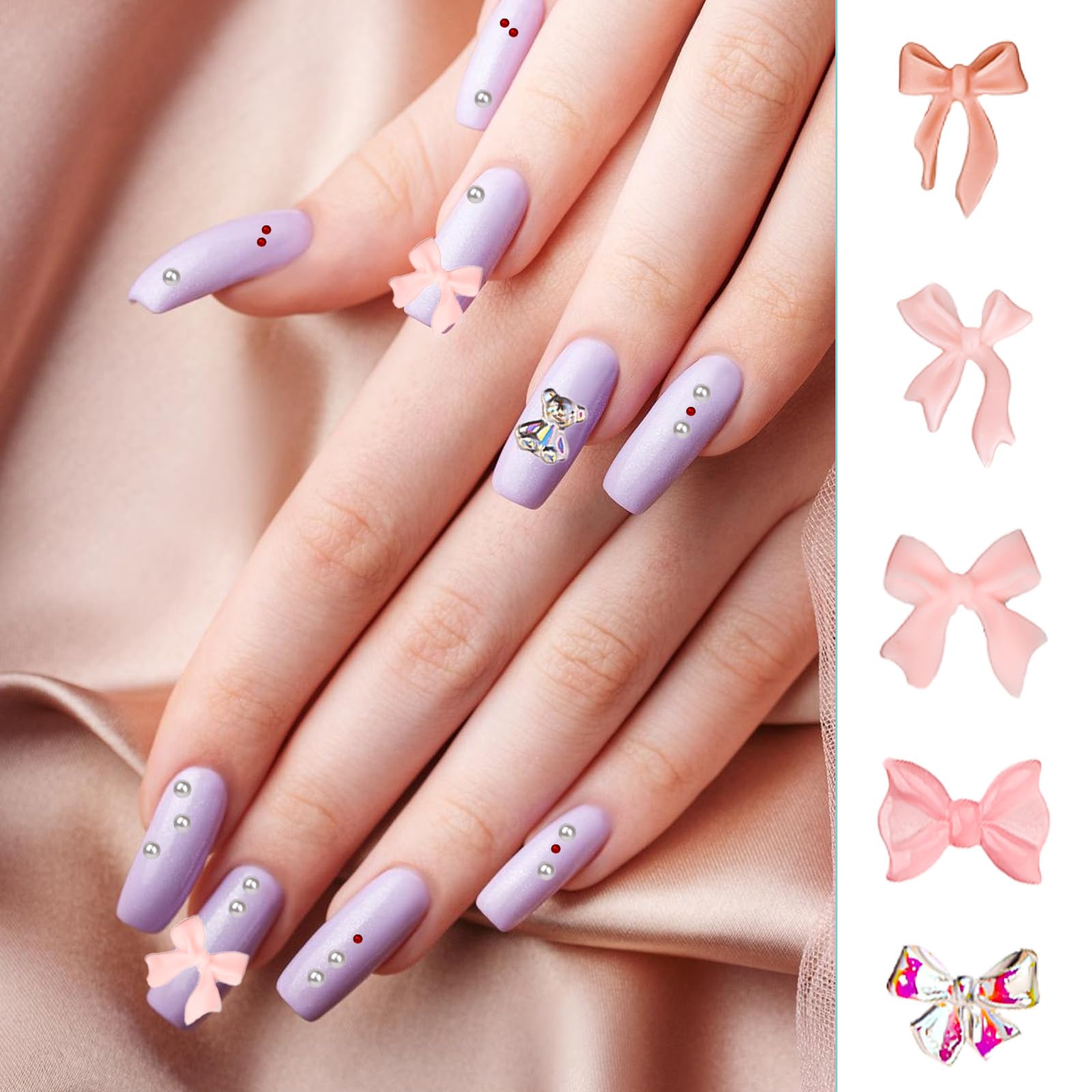 Bewudy Zestaw 500 sztuk ozdób do paznokci, dekoracja 3D, sztuczna żywica, śliczne akcesoria do manicure, kwiaty, kokardki, serca, do dekoracji paznokci, DIY (różowe), 560715_2_7ZHX175TZ