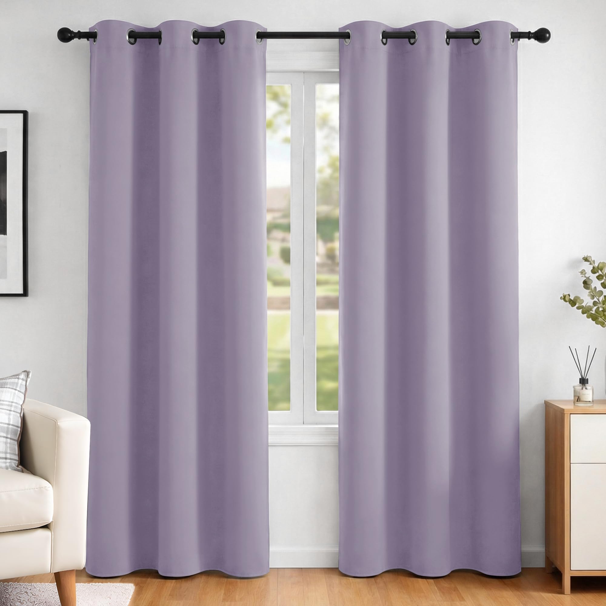 Deconovo Light Purple Opaque Blackout Eyelet Curtains, 242 X 107 Cm, Lavender, Set Of 2