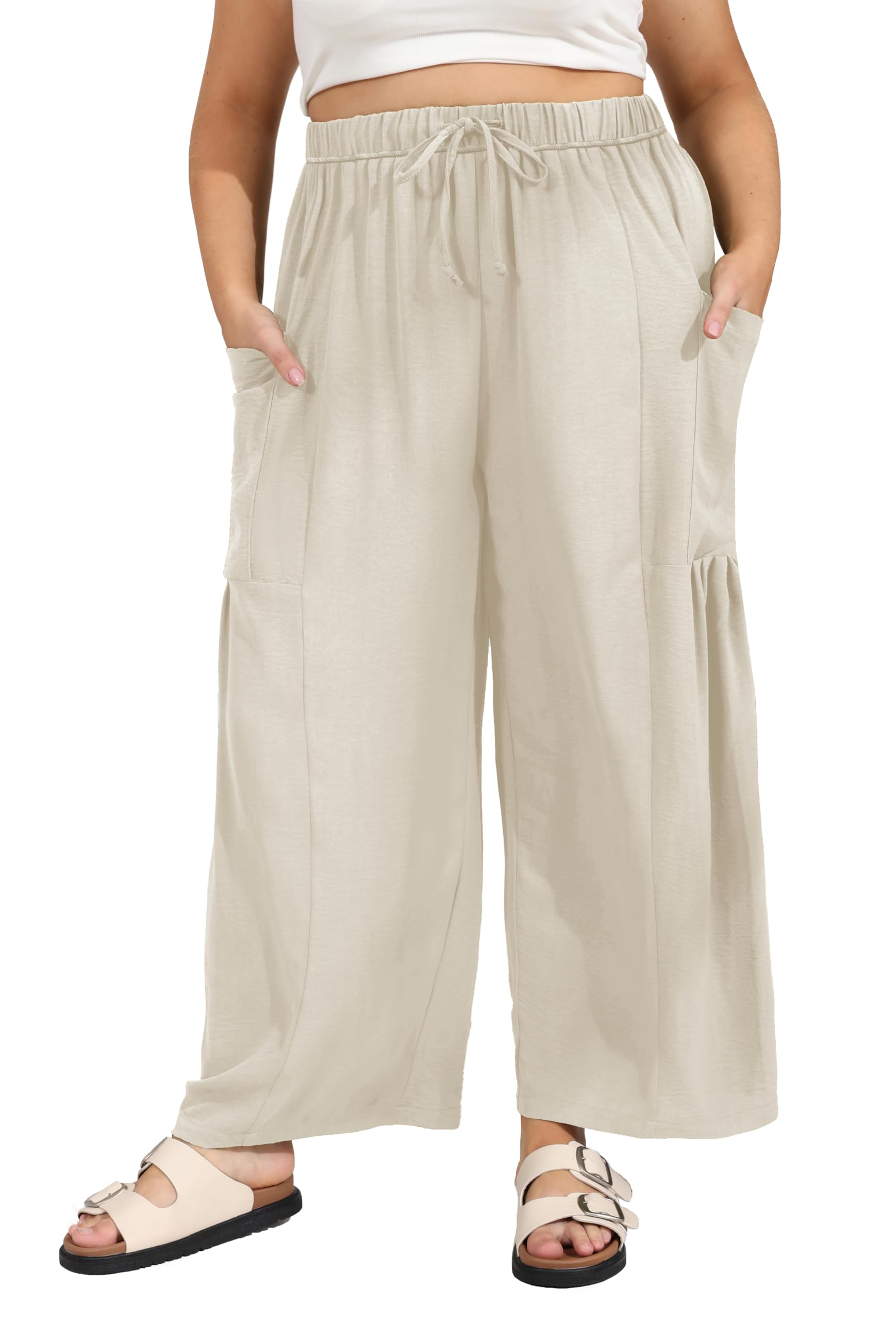 SEKINO Womens Plus Size Wide Leg Palazzo Pants Drawstring Casual Loose Beach Travel Vacation Flowy Lounge Pants with