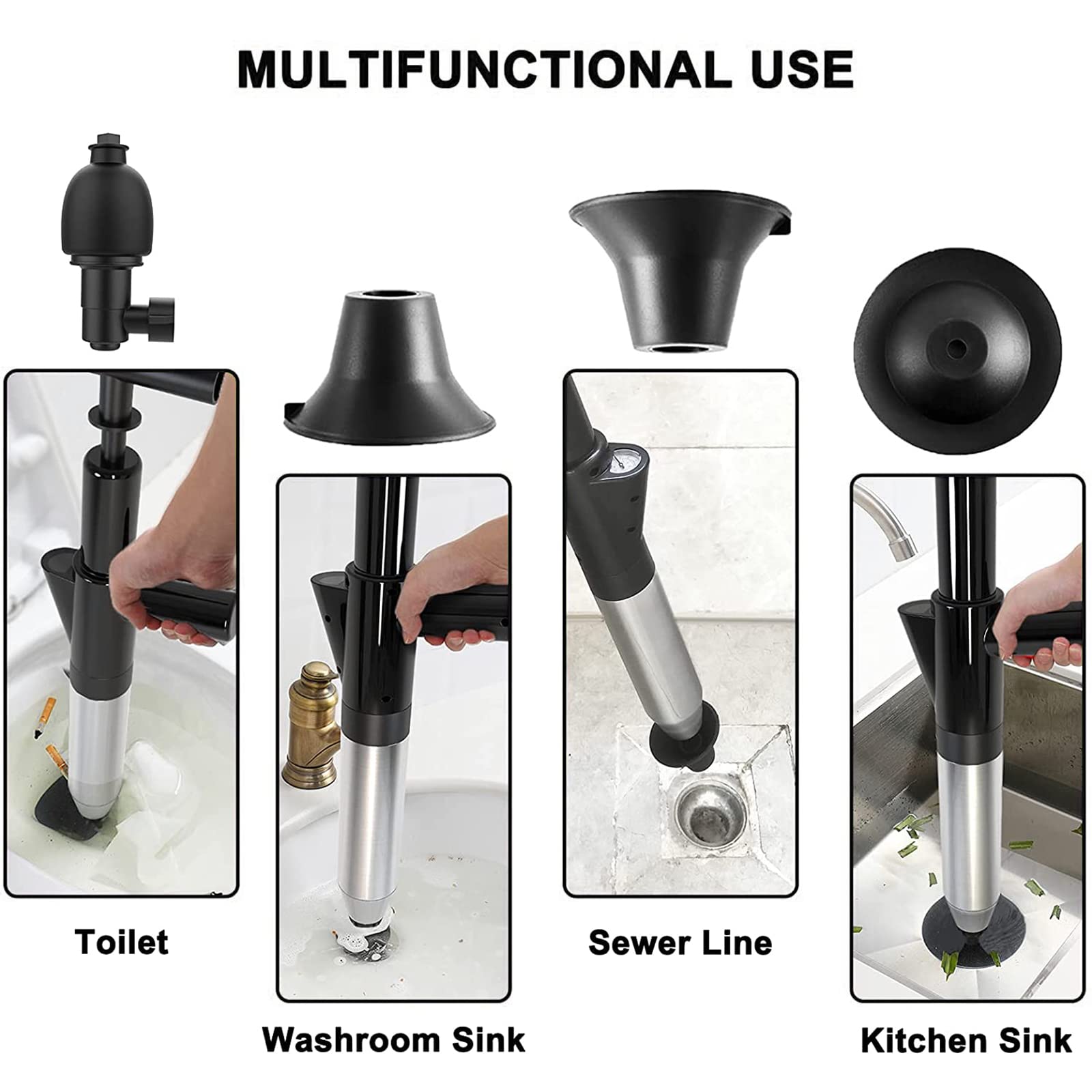 Sturalavandino Ad Aria Compressa, Pistone A Alta Pressione Draga, Drenatore Scarico Pulitore Pompa, per WC, Lavello, Pavimento, Lavabo può Essere Facilmente Cancellato Intasata,Nero