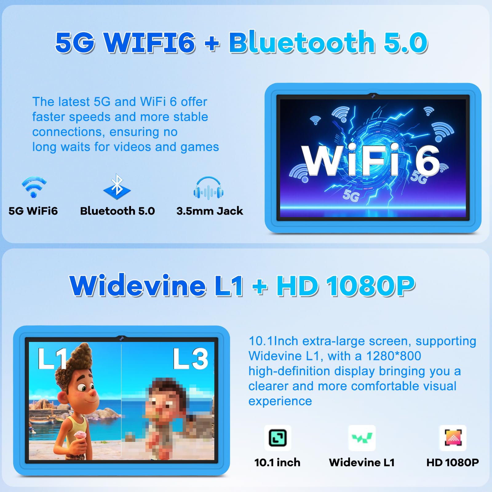 DMOAO Tablet Bambini 10 Pollici Android 15 con 30GB RAM, 5G Wi-Fi 6, 64GB ROM(2TB), Control Parental, Octa-Core, 8MP+5MP, 6000mAh, Custodia Protettiva EVA + Supporto Girevole a 360°, Blu