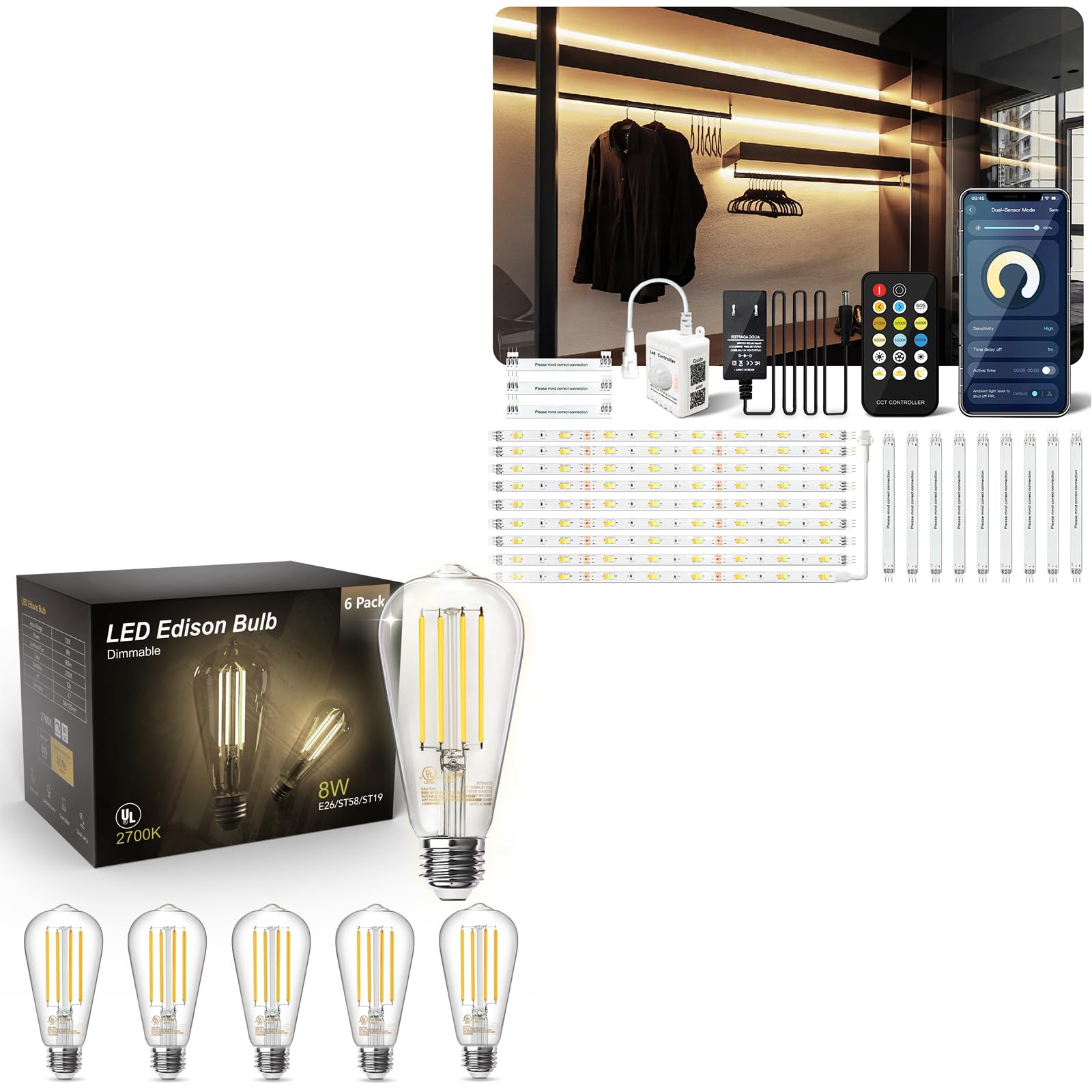 STE (エスティーイー) LED デコライト フラッシュライト セット ① TJOY 6 Pack Vintage 8W ST58 LED Edison Light Bulbs Motion Sensor