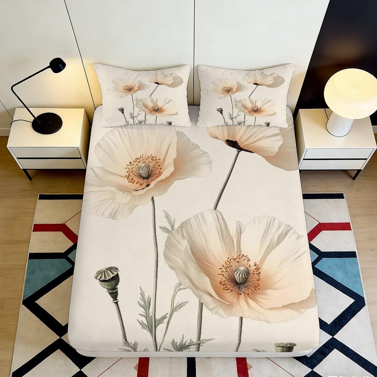 3D Printed Poppy Fitted Sheet, Beige Floral Microfiber Soft Touch, Wrinkle Resistant Bed Cover, Home Guest Room Bedding, Easy Care, Decorative Mattress Cover, 140x200x25cm