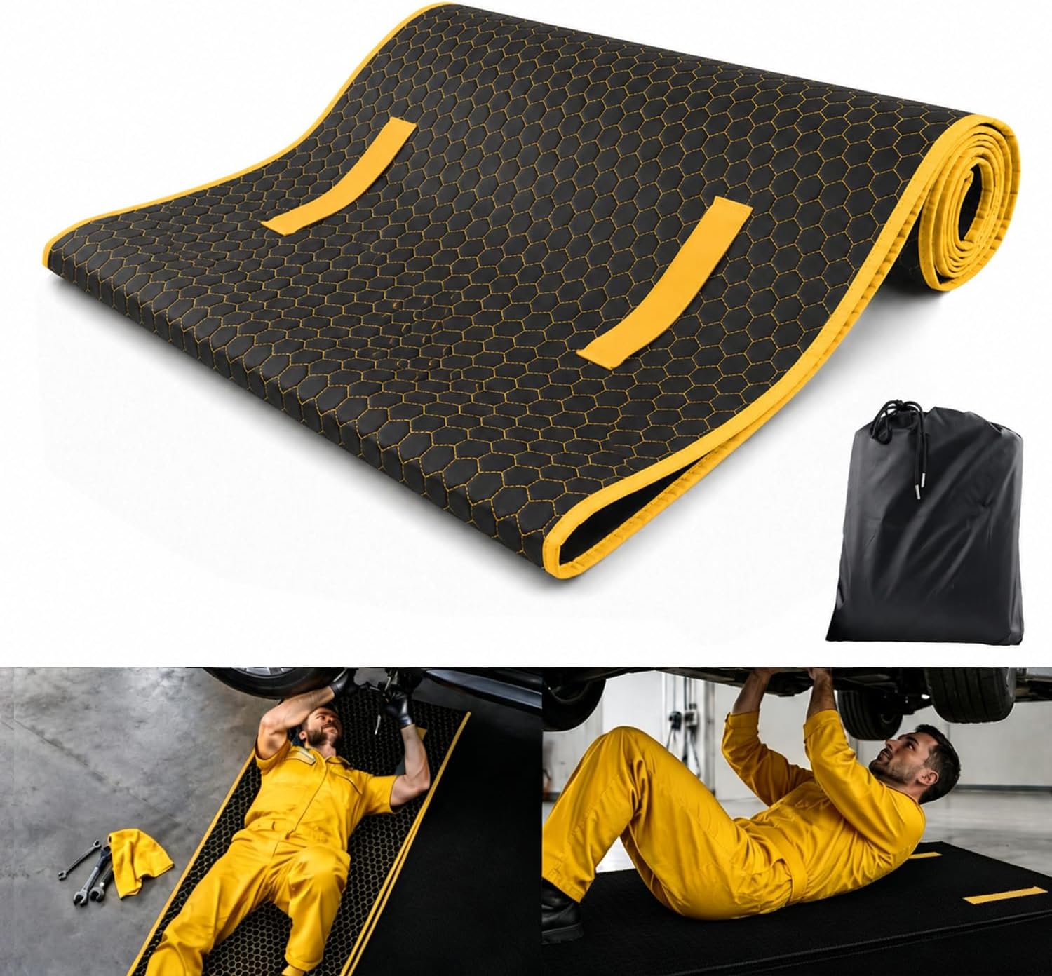 Rolling Creeper Mat, 60 x 28in Foldable Two-Layer Cars Mechanic Repair Mat with Storage Bag, Multifunctional Mechanic Creeper Automotive Tool for Low Clearance, Special Roads, Cars, SUVs, Yellow