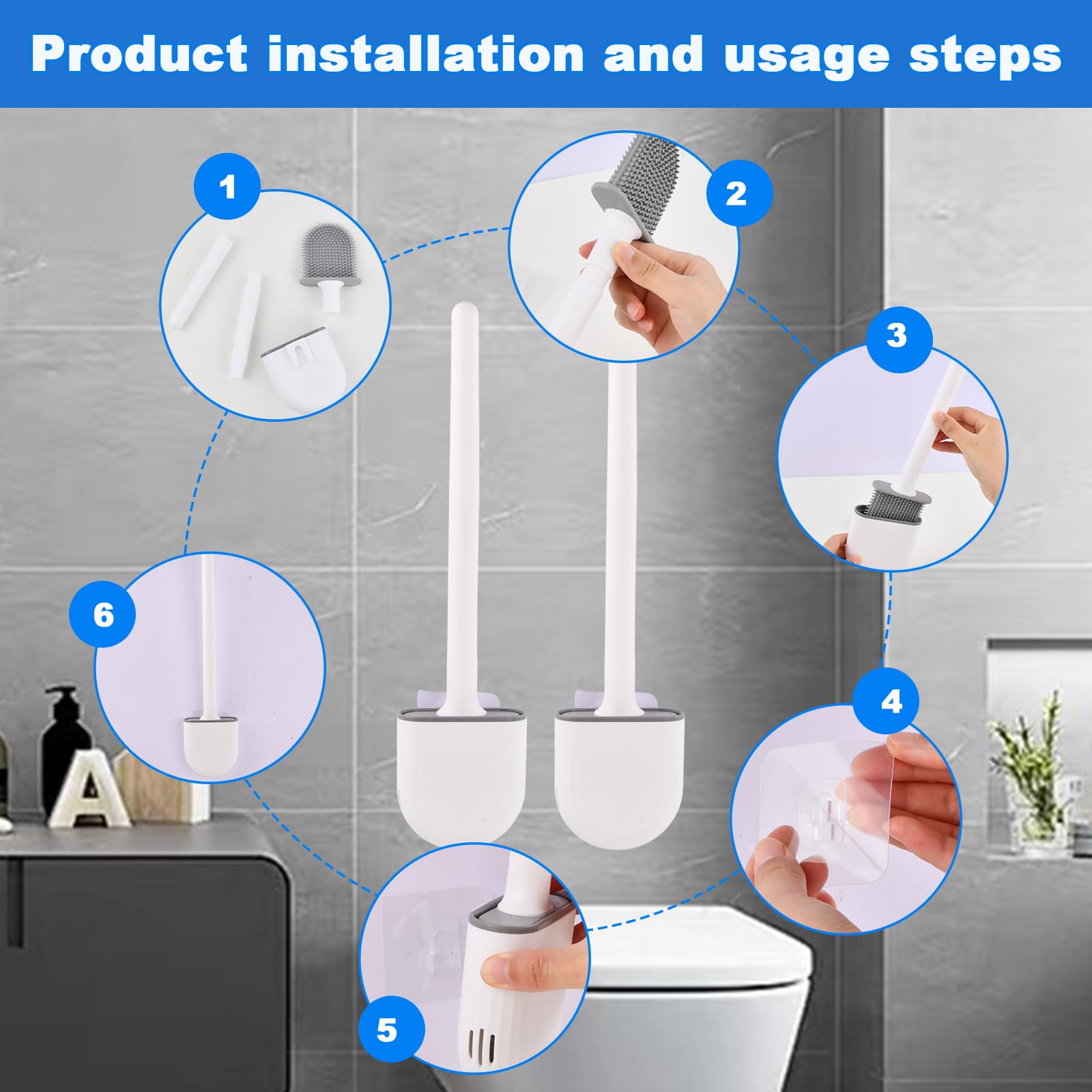 Scopino Per WC In Silicone POPTEN Con Supporto - Asciugatura Rapida, Montaggio A Parete O A Pavimento - Antibatterico E Igienico (Grigio/Bianco)