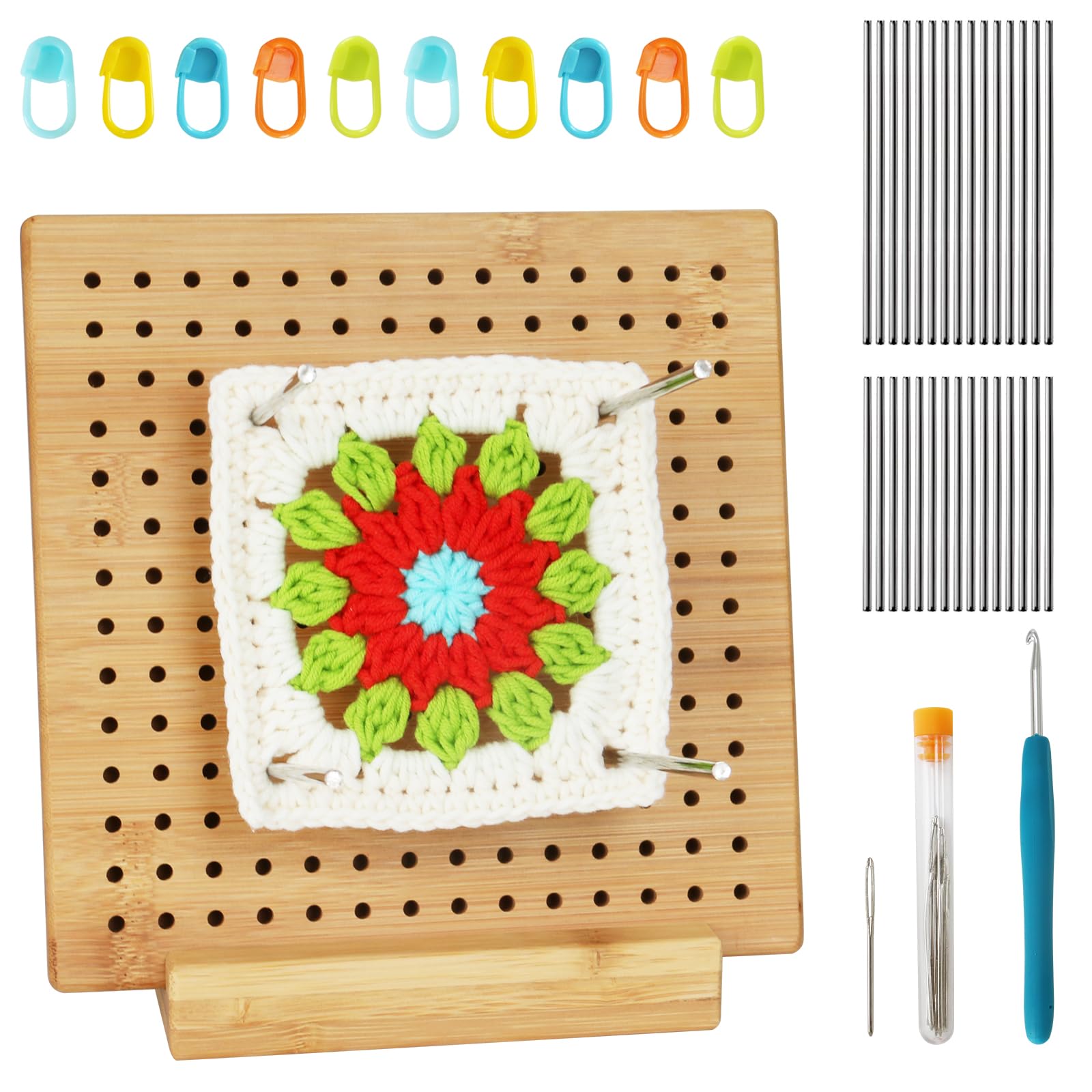 Steauty Blocking Board for Crocheting, Bamboo Crochet Blocking Board with 30 Metal Rod Pins, Handcrafted Granny Square Blocking Board for Crochet Knitting, Ideal Gift for Beginner (9.25 inches)