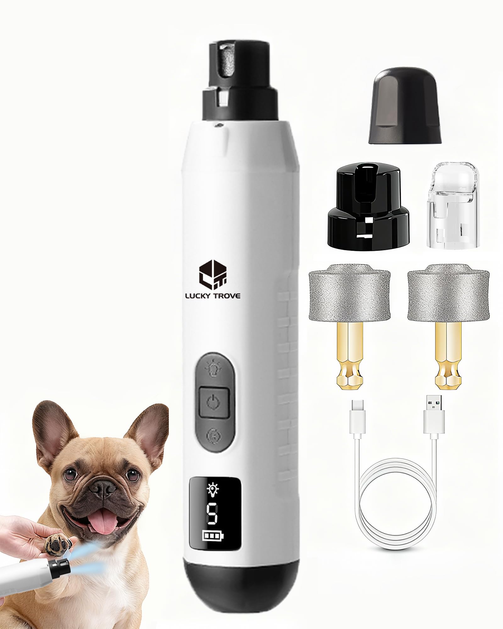 Broyeur à ongles silencieux pour chien 2026 5 vitesses avec double lumières | 45 dB ultra silencieux, limage indolore, capuchon anti-poussière, 1 + 2 têtes de rechange. Sans danger pour toutes les