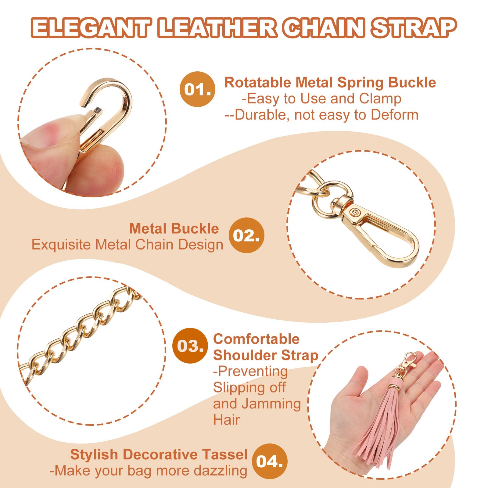 PATIKIL Purse Chain Strap, 39 Inch Leather Chain Straps Purse Strap Replacement with Tassel for Crossbody Bag Handbag Woman Pink/Gold - Image 3