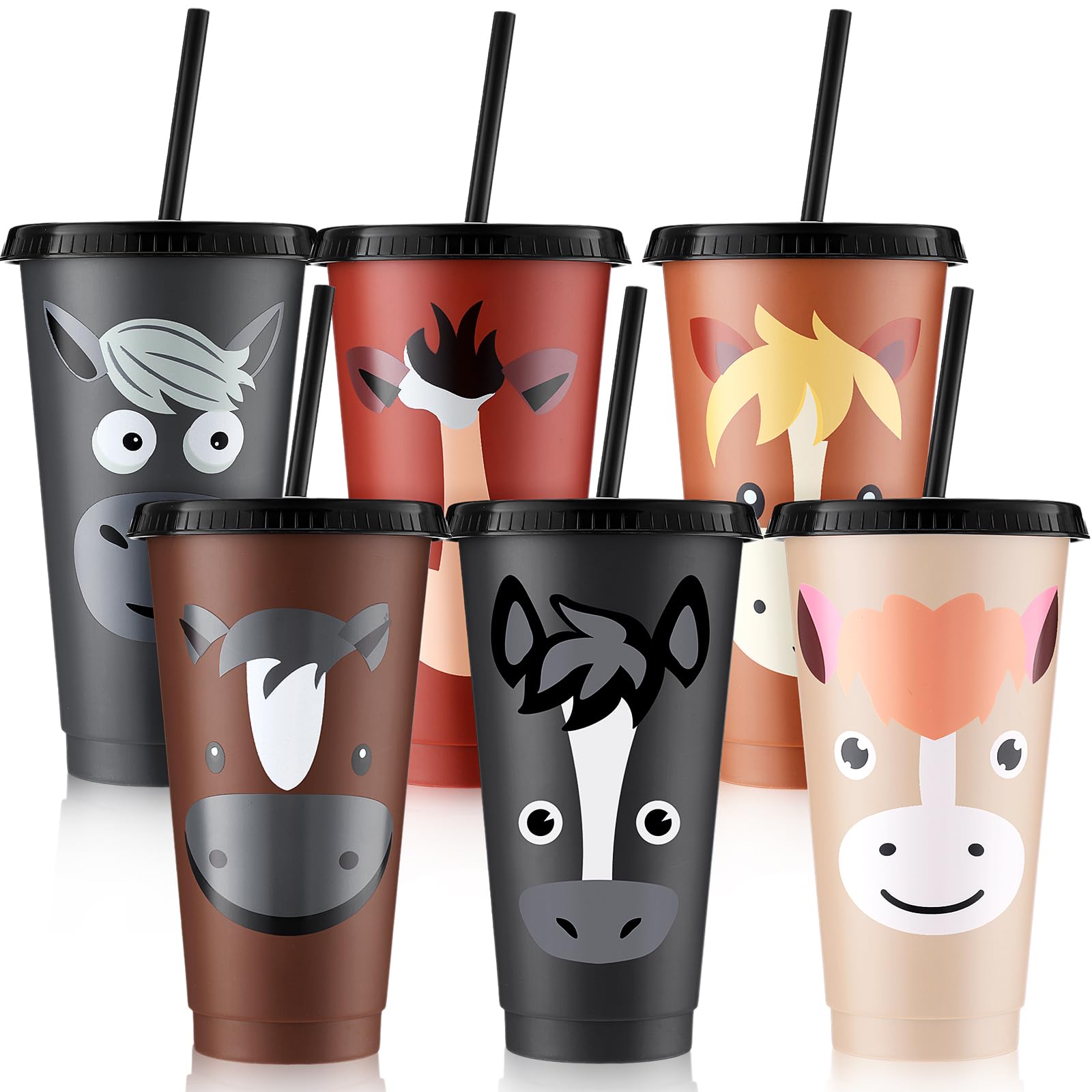Mifoci 6 Pcs Horse Party Favors 24 oz Horse Cups with Lid Straw Cowboy Cups Bulk Horses Birthday Decorations Reusable Plastic Drink Tumbler for