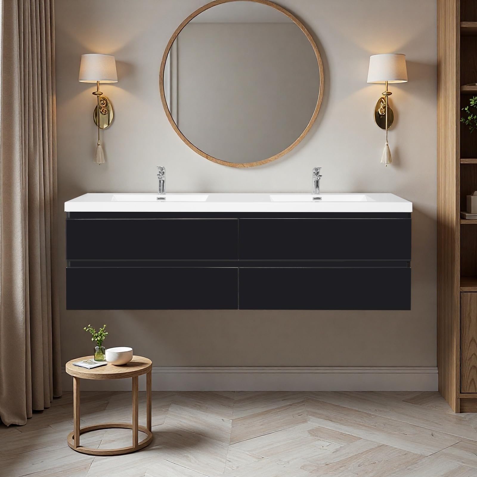 72'' Floating Bathroom Vanity with Sink, Bathroom Cabinet, Black