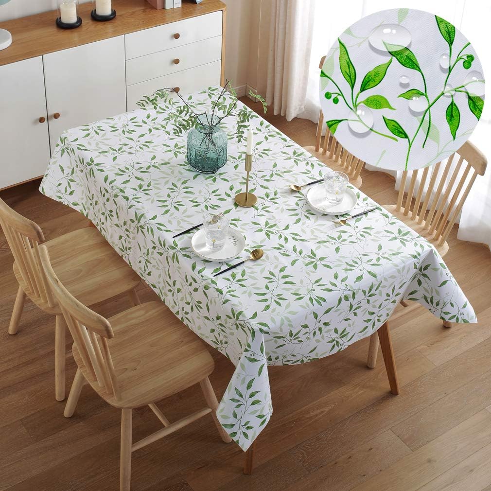 PVC Table Cloth Rectangular Wipe Clean tablecloths , Waterproof Oil Proof Stain-Resistant Mildew-Proof Table Cover 140ร220 cm Green Leaf