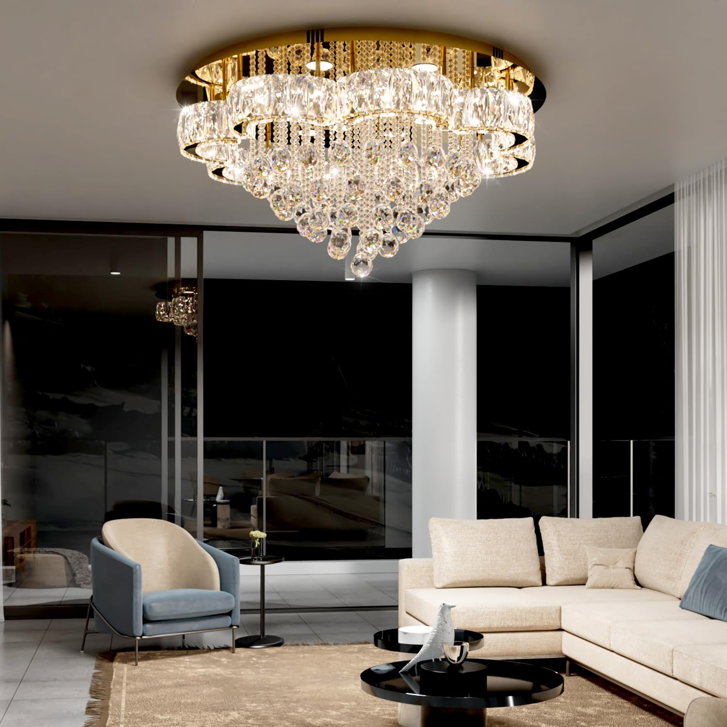 Flashing God W32in Crystal Ceiling Chandelier Modern Gold Chandeliers Raindrop Crystal Ceiling Lighting Fixture Flush Mount Chandelier for Living Room Hallway Dining Room Kitchen Bedroom