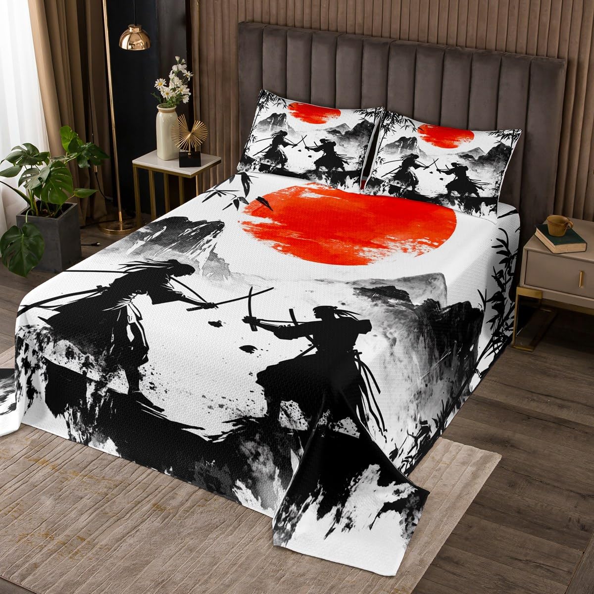 Japanese Samurai Bedspread King Size, Black Bamboo Mountain Red Sun Print Coverlet Set 3pcs, Retro Fashion Ink Art Quilted Coverlet with 2 Pillowcases, Kids Boy Girls Room Decor