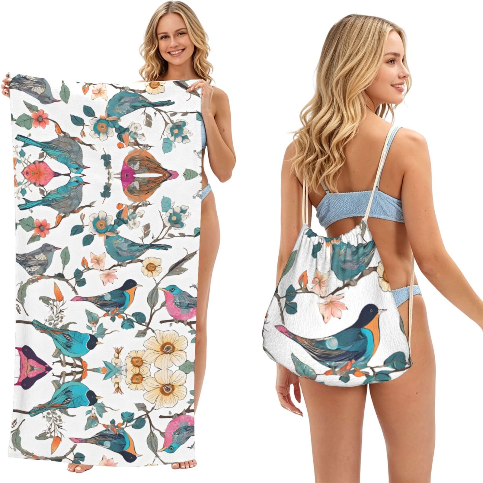ESNAIUVCD Japanese Pine & Birds Print Beach Towel For Adults,Towel With Drawstring Bag, Travel Pool Swimming Sports Shower Sand Free Quick Dry Bath Towel For Pool, Beach, Yoga- 180x60cm