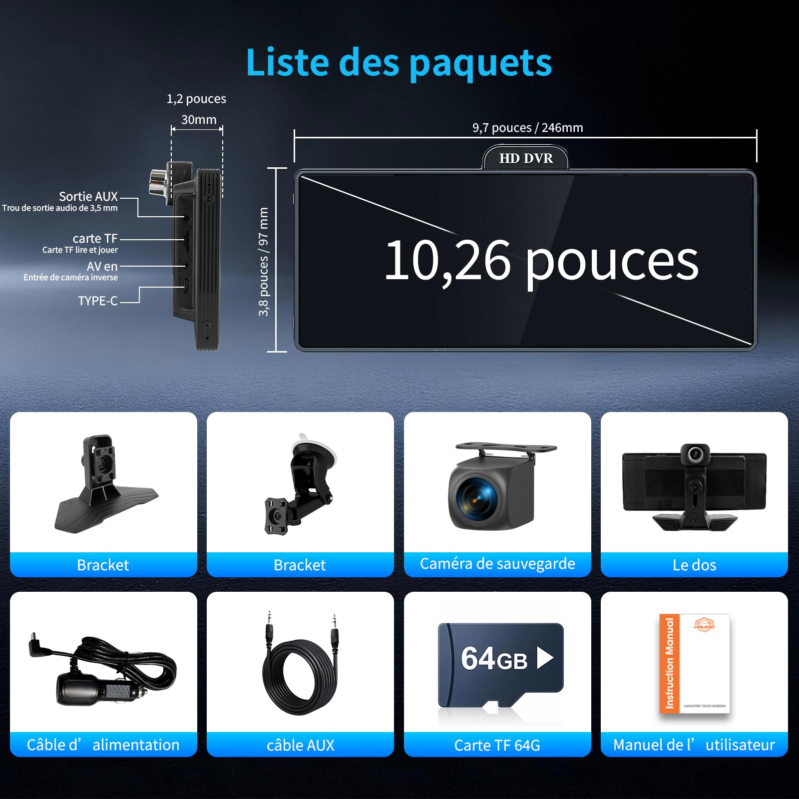 Haudio Écran CarPlay 10,26 Pouces, CarPlay et Android Auto Sans Fil, Autoradio Portable avec DVR 2K, Caméra de Recul 1080P,Bluetooth,Commande Vocale,Radio AUX/FM, Carte TF 64G pour Toutes les Voitures