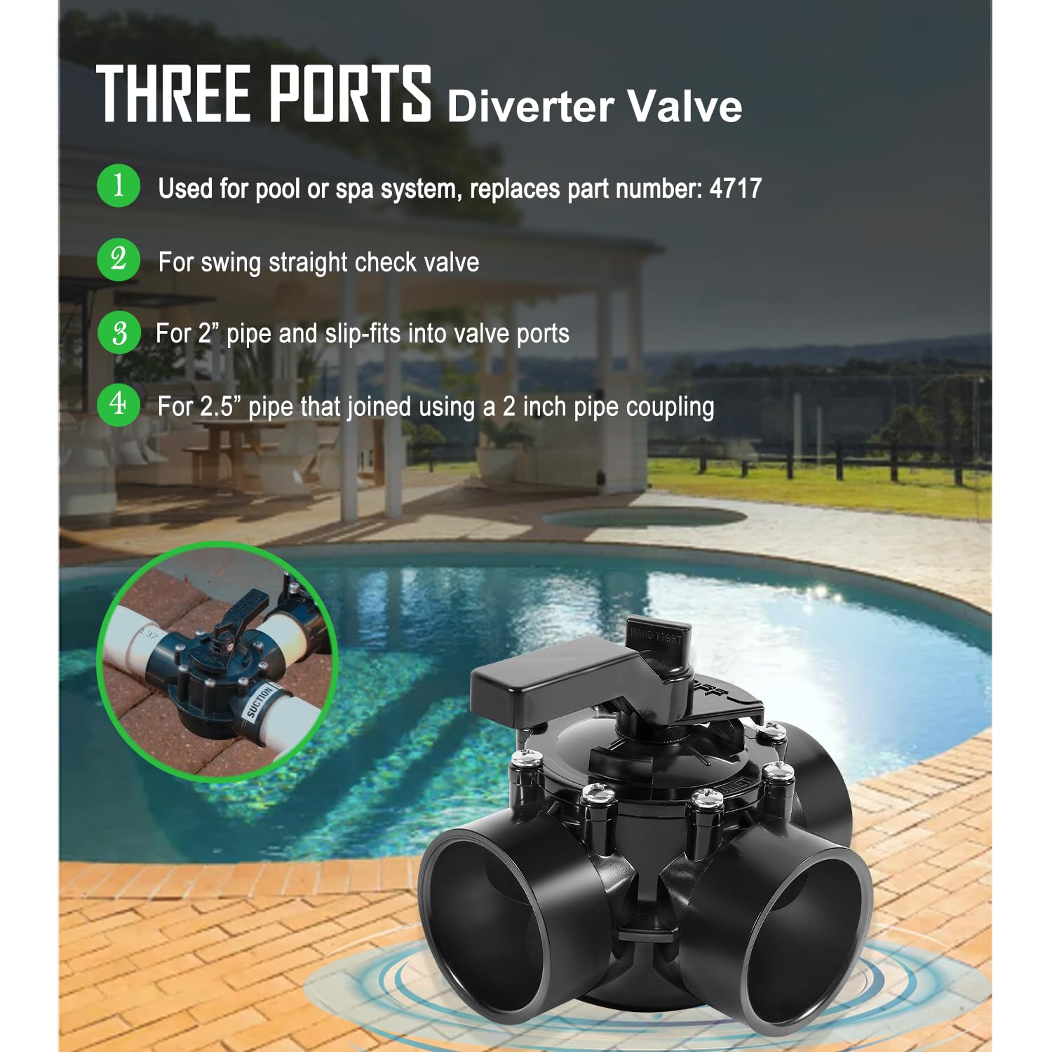 4717 - Válvula desviadora sin lubricante de 2 a 2-1/2 pulgadas de 3 puertos de sellado positivo para válvula desviadora Jandy NeverLube, color negro
