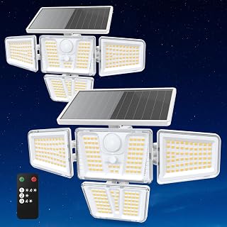 Solar Lights Outdoor White,3600LM Motion Sensor Outdoor Lights | 4 Heads 270° Solar Flood Lights Outdoor, Remote & 3 Modes,Glass Panel, IP65 Waterproof Security Lights for Yard Garage- 2Pack