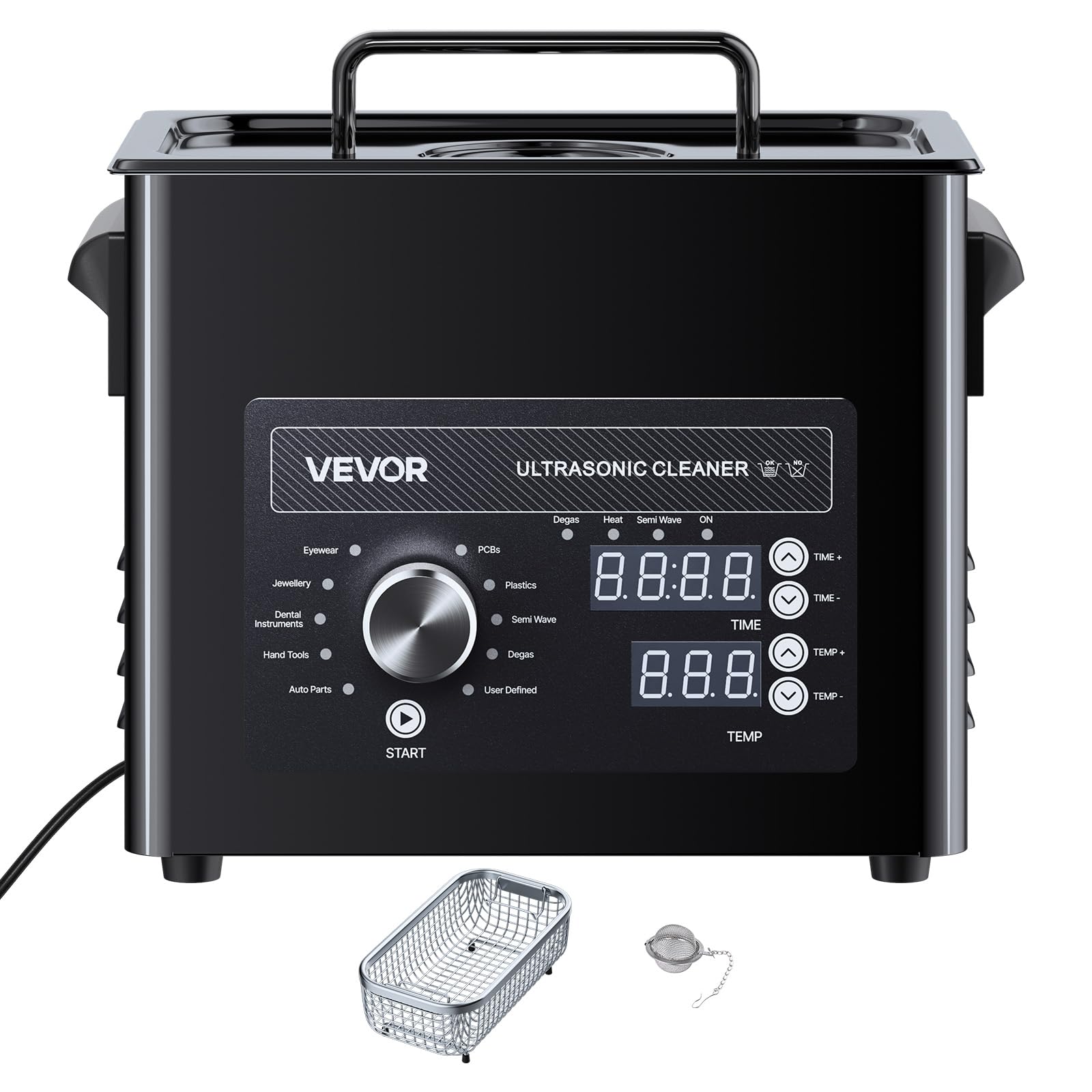 VEVOR Nettoyeur à Ultrasons 3 L, Appareil de Nettoyage par Ultrasons avec Commande par Bouton, en Inox, avec Panier et Boule de Nettoyage, pour Montres, Rasoirs, Bijoux, Pièces de Monnaie, Noir