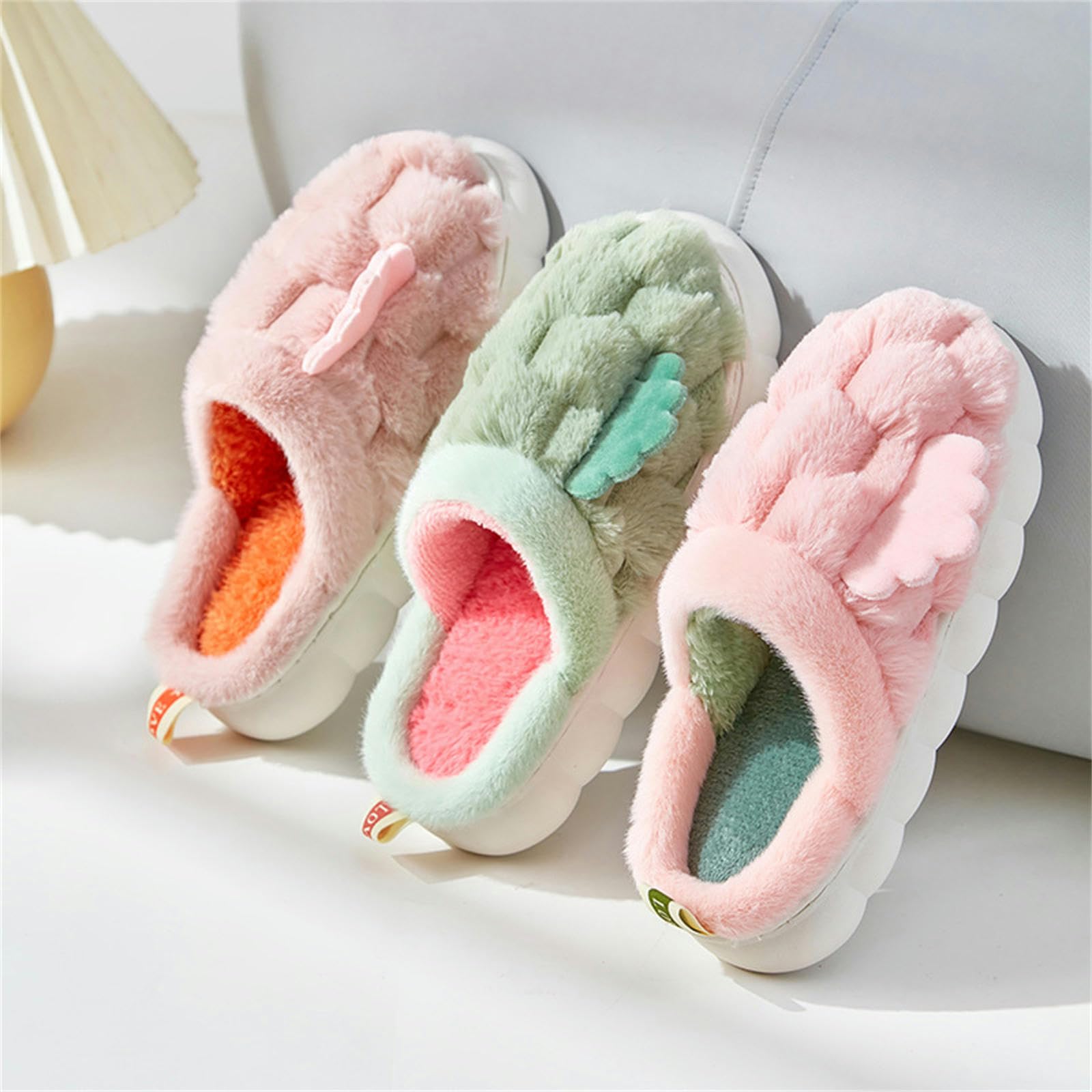 Ciabatte Donna Invernali Piccole Pantofole di Cotone A Ali Che Passo avanti Merda Sentenza di Pelliccia Sfocata Grande Fondo Bianco Morbido-pink-1-36-37(Suitable for 35-36)