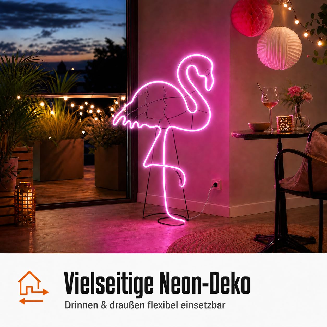 hellum Flamingo LED outdoor, Neon Flamingo mit 648 pinken LED, 115x77,5cm | XXL LED Flamingo mit 5m Zuleitung und Transformator, Flamingo Lampe outdoor mit pinkem Lichtschlauch für innen + außen 578393