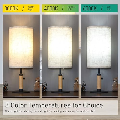 Miniatura 3 de PSDSSHIIS 3-Color Temperatures Bedside Table Lamp for Nightstand Living Room Lamps for Bedroom Wood Fabric Pull Chain Switch Small Desk Lamps Home