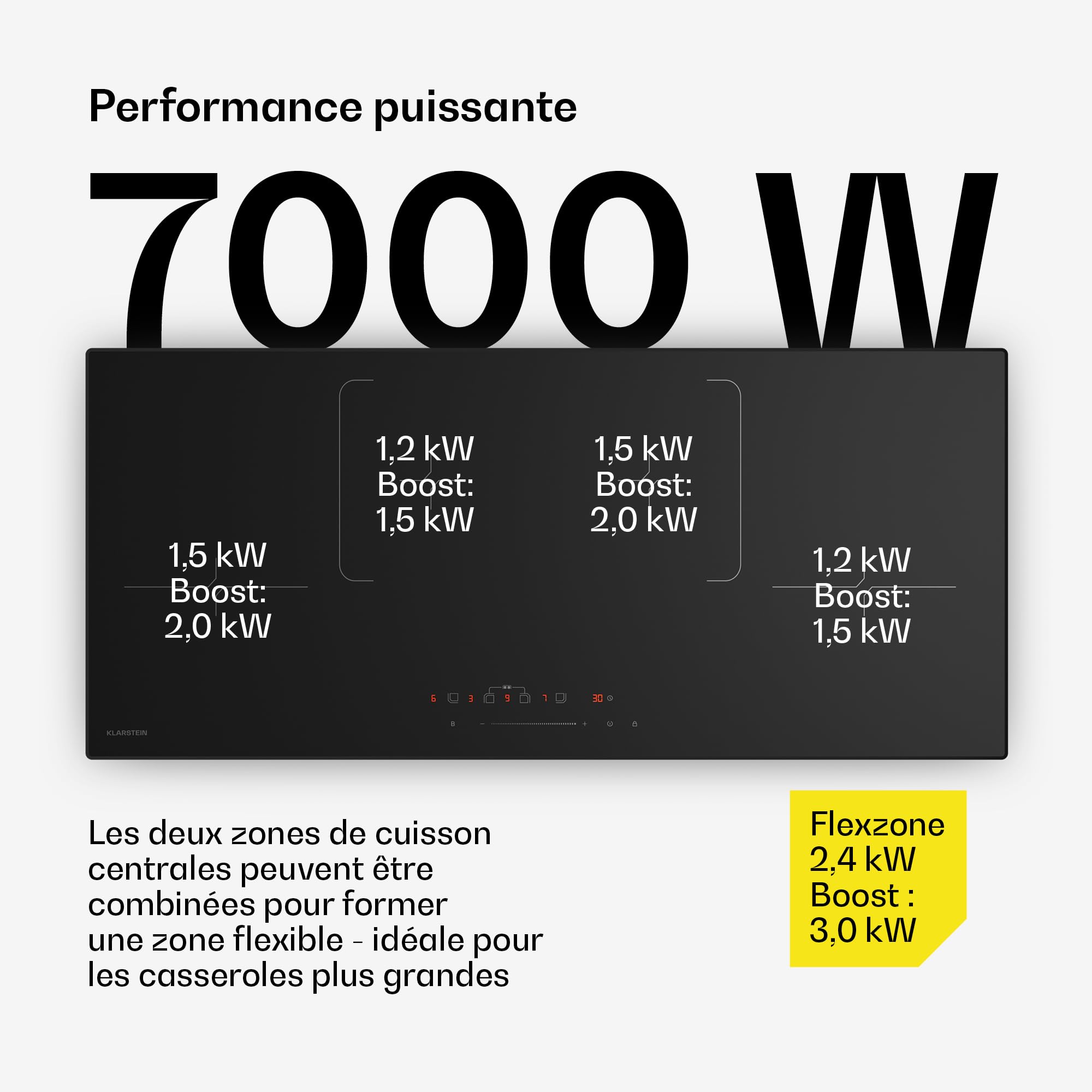 Klarstein Velaire Plaque Induction 90cm 4 Zones 7000W Boost Curseur Tactile Minuterie Sécurité Enfants Verre Céramique Encastrable Noir