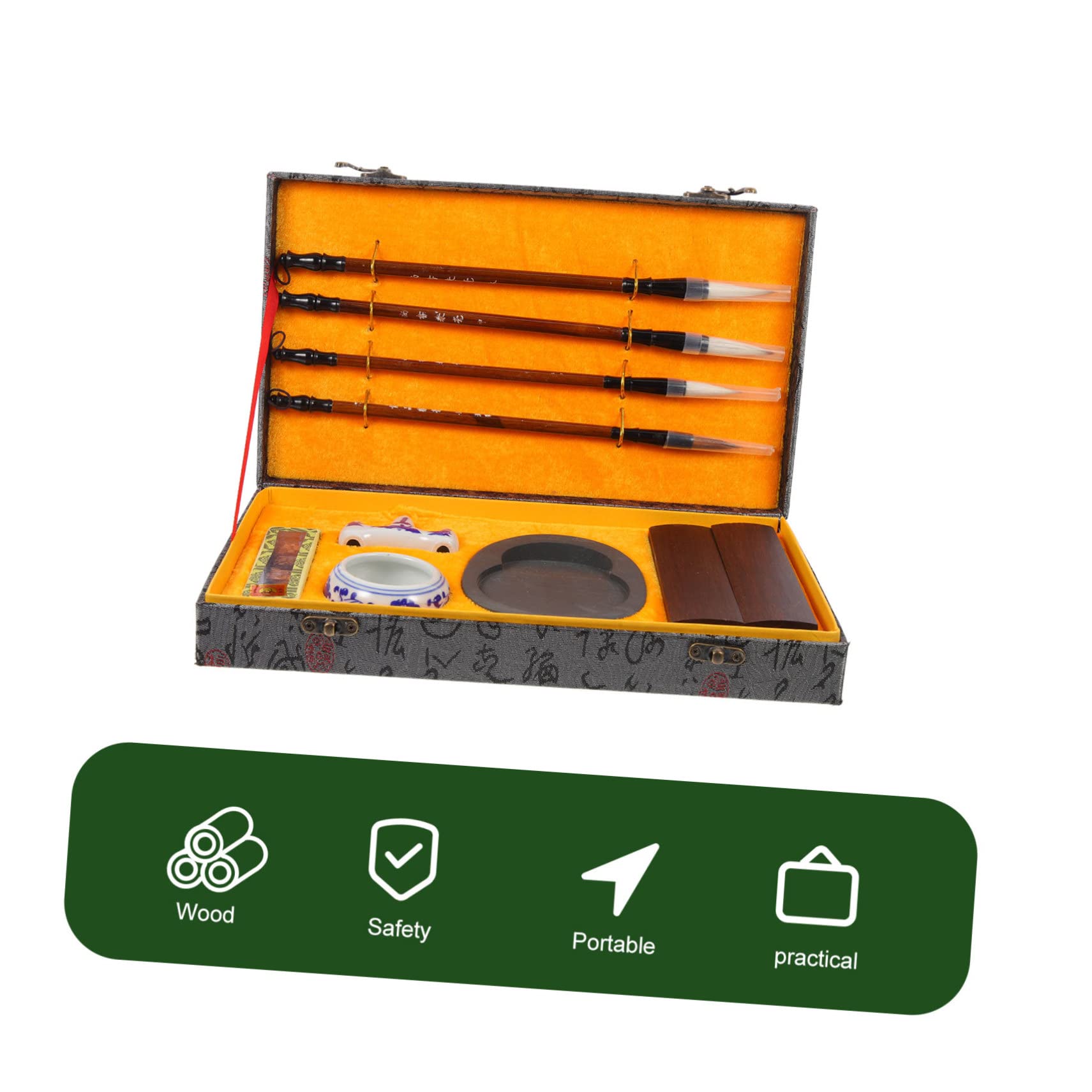 jojofuny Set de Pinceaux D'écriture Chinois pour Calligraphie Pierre à Encre et Bâton D'encre, Bois Portable, Résistant la Déformation, pour Étudiants en Pratique Artistique