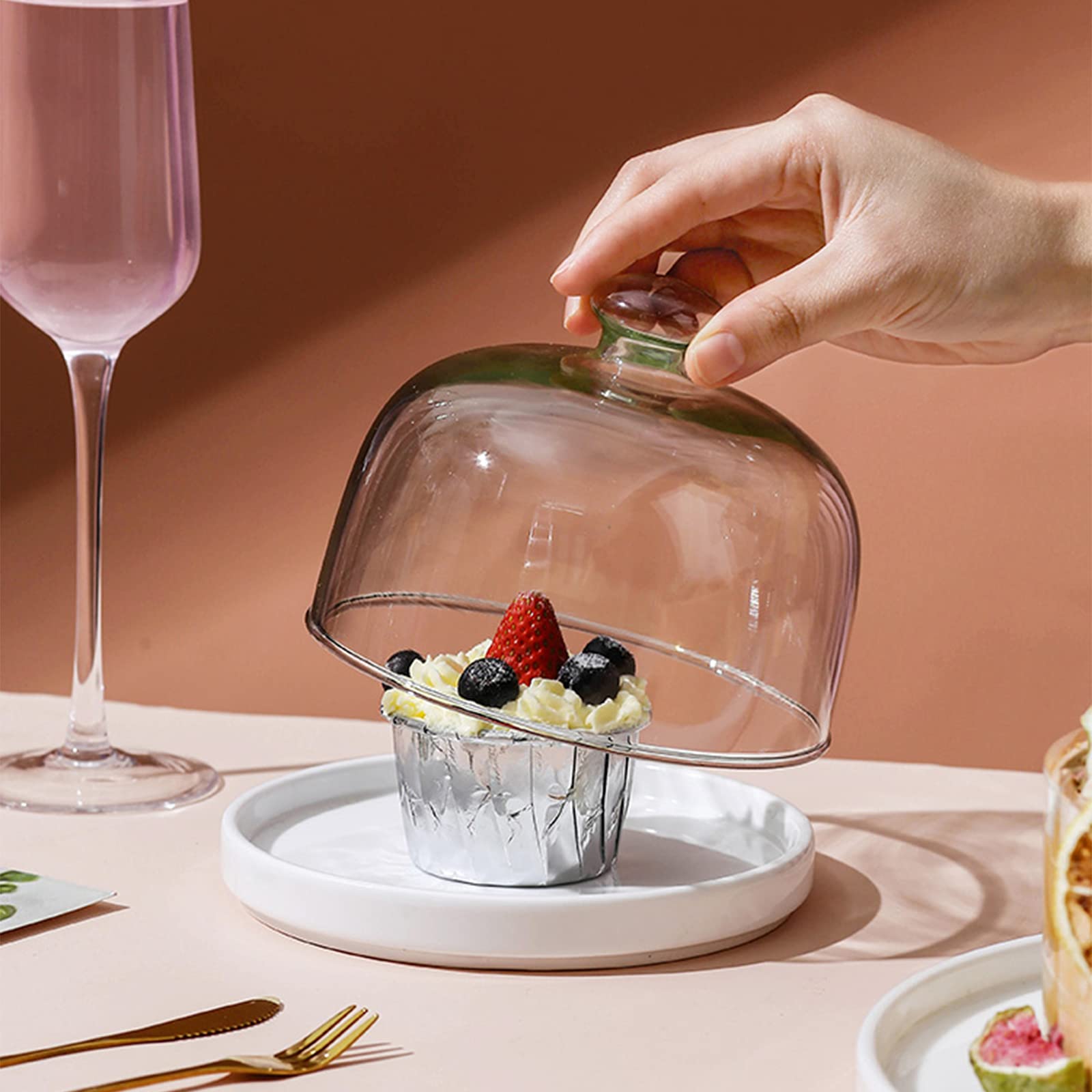 Tapa para el microondas,Plato de Pan, Hotel Restaurante Comida Bandejas de Frutas con Tapa Cúpula de Vidrio Transparente Cubierta de cúpula de Pastel de Queso Platos Redondos de cerámica bla