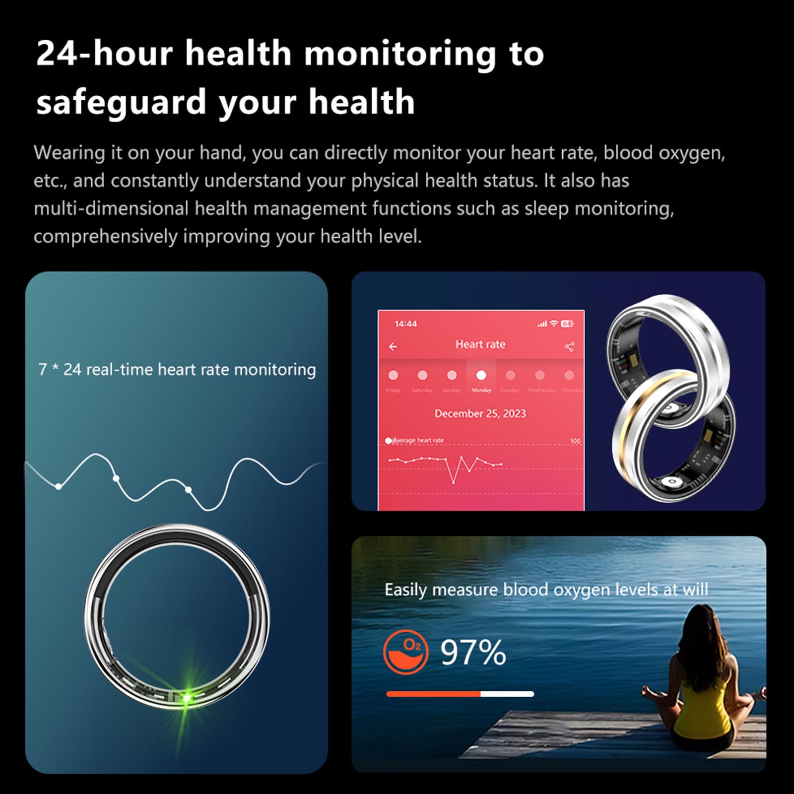 findtime Bague intelligente pour traqueur de fitness - Podomètre - Étanche - 5 ATM - Pour homme et femme - Anneau de sommeil - Moniteur de fréquence cardiaque - Android iOS - Anneaux de sport - Suivi