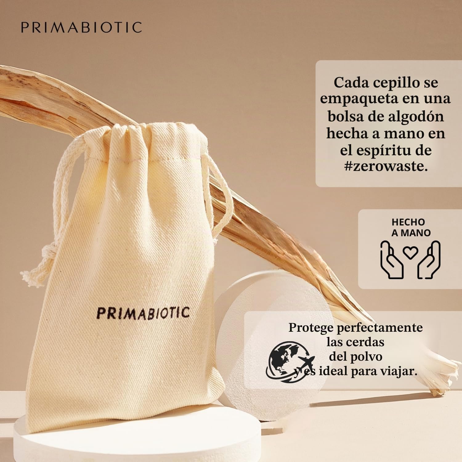 Primabiotic Cepillo de Masaje Facial de Madera de Roble y Pelo de Cabra para Limpieza Seca Natural