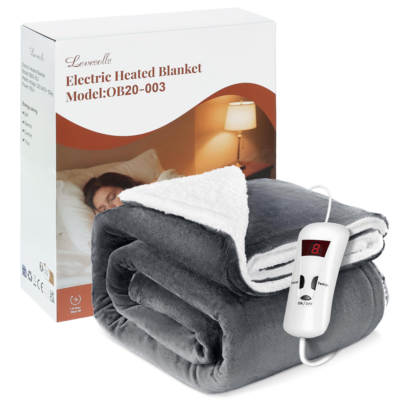 Electric Heated Blanket Throw, 180x130 cm, Dual-Sided Flannel & Sherpa, 10 Heat Settings, ...