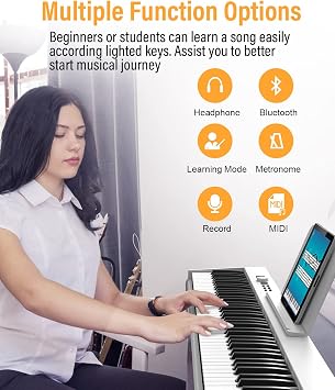 88-Key Folding Piano Keyboard, Full-Size Semi-Weighted Keys, Bluetooth MIDI, Sustain Pedal & Carry Bag, Portable Digital Piano, Ideal for Beginners Best Gift (White)