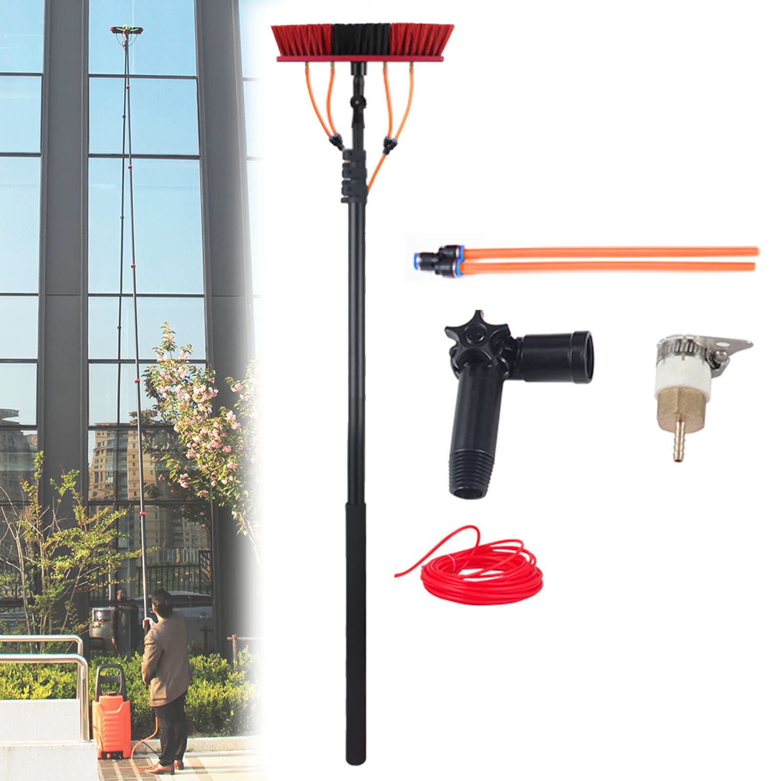 Glasreinigungsbürste, Teleskopstange mit Haushaltswasseranschluss, drehbare Bürste für Solarmodule, Photovoltaik-Anlage, wasserführende Teleskopbürste, Fenster- und Sola