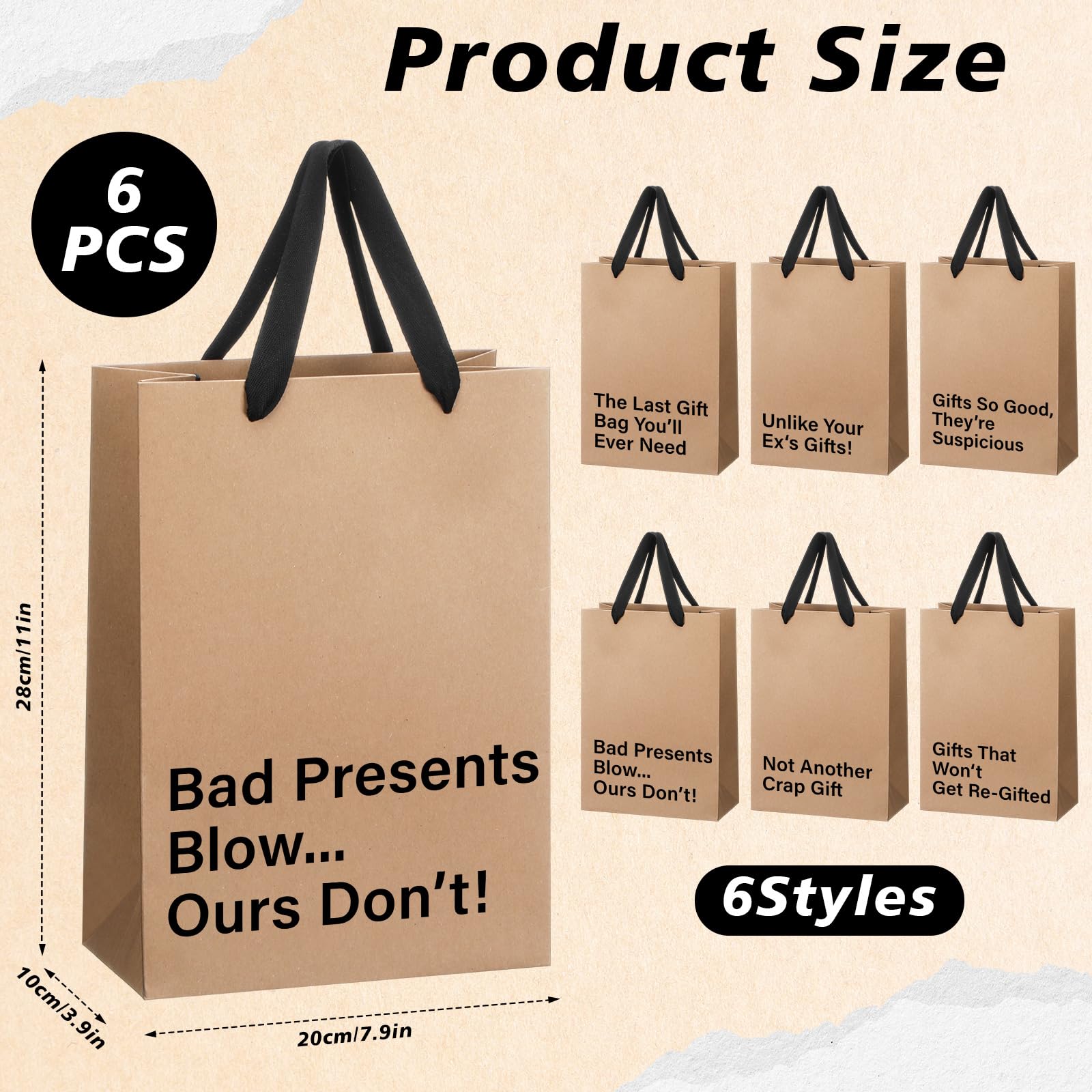 SilTriangle 6 Pcs Classic Funny Gift Bags, Reusable Novelty Gift Bags with Snarky Sayings, 11 x 8 x 4 Inch Funny Wrapping for Men Women Adults Graduation Birthdays Wedding Summer Party Favor