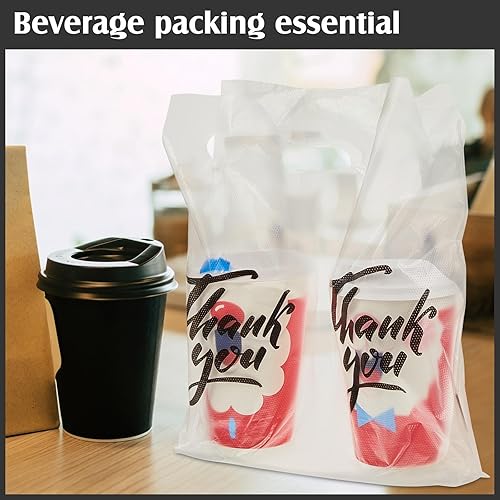 Miniatura 5 de Bolsas de polietileno con asa para beber, bolsas de embalaje de plástico transparente de agradecimiento, portador de bebidas con asa, portadores de