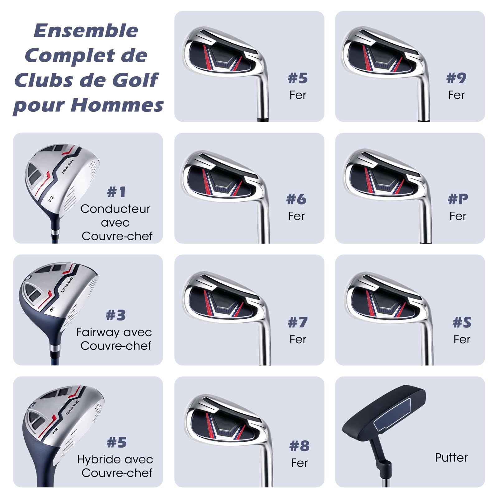 COSTWAY Ensemble Club de Golf Portable, Sac Trépied avec Capuche Anti-Pluie Driver 460CC #1, Bois de Parcours #3, Hybride #5, Fers #5#6#7#8#9#P #S et Putter, pour Droitier