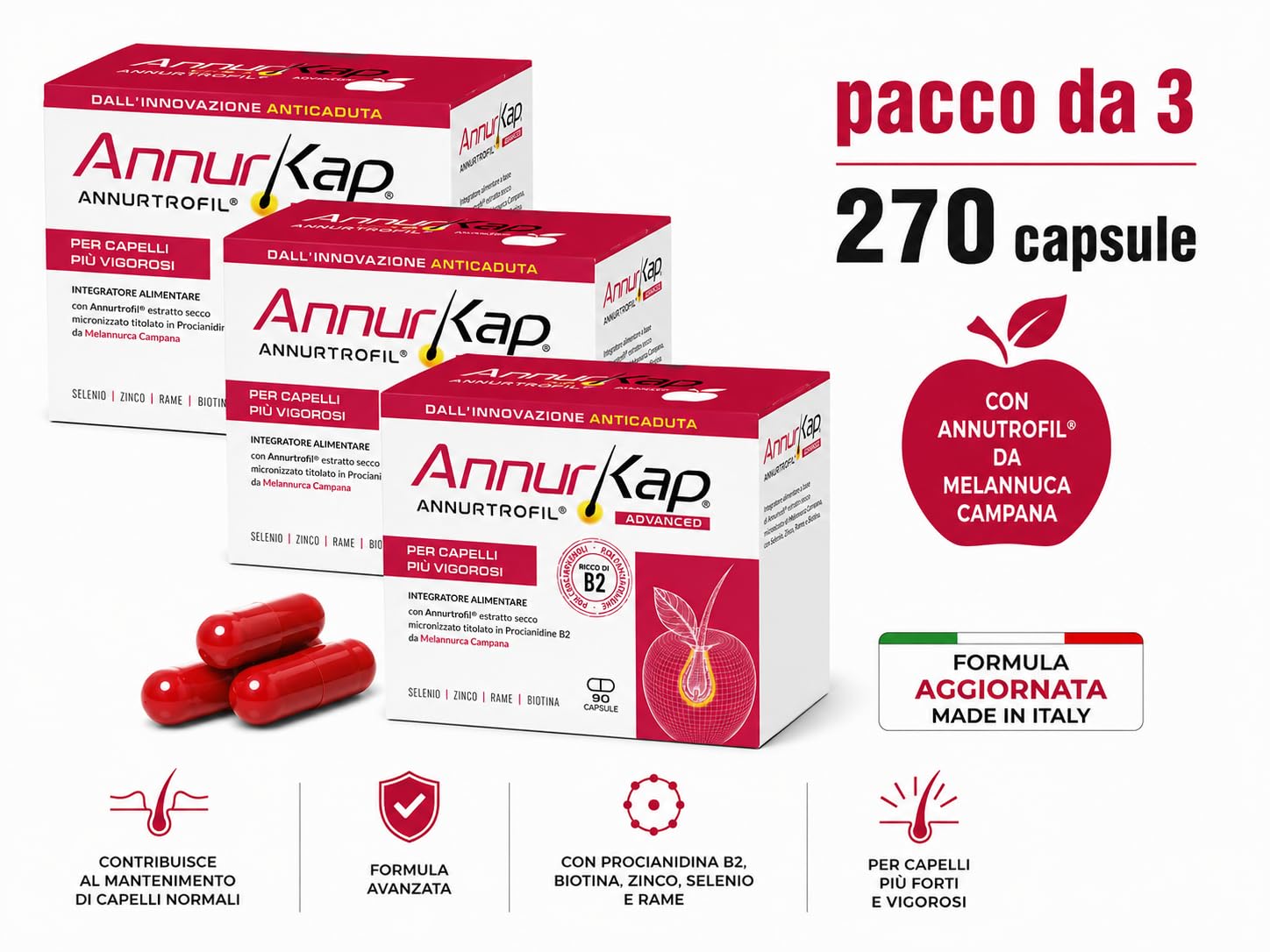 Annurkap ADVANCED Integratore Capelli Uomo Donna 270 Capsule | Formula Anticaduta, Annurtrofil® Melannurca Campana, Procianidina B2, Biotina, Zinco, Selenio e Rame