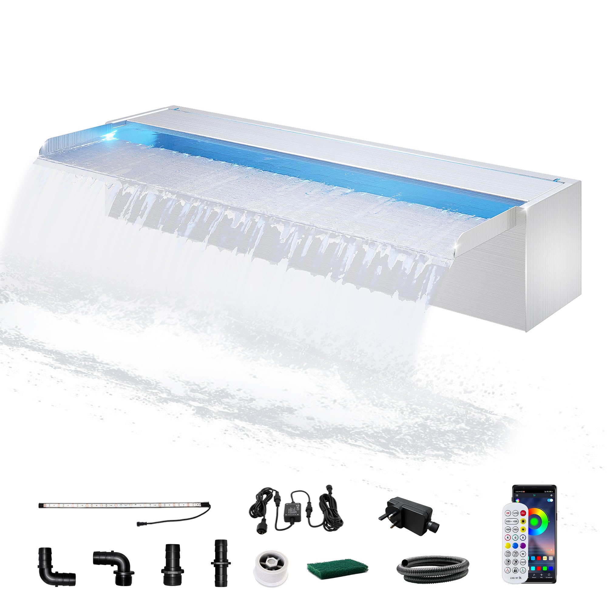 Longrun 60CM Pond Waterfall Blade,304 Stainless Steel Pool Fountain with RGB Bluetooth LED Light, Complete Waterfall & Stream Kits for Garden Water Features