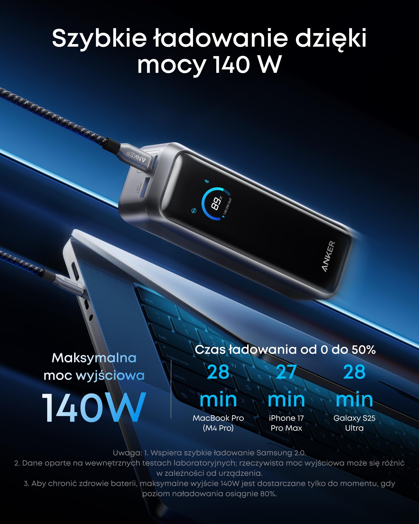 Anker Prime powerbank, 20100 mAh, 220 W, 3 porty, ładowanie dwukierunkowe | dopuszczony do transportu lotniczego, sterowanie przez aplikację, do MacBook, iPhone z serii 17/16/15. (bez bazy ładującej)