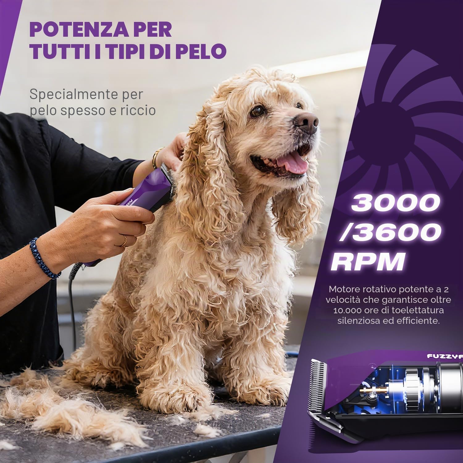 Tosatrice professionale per cani, 2 velocità, cavo da 3 m, funzionamento silenzioso e senza surriscaldamento, involucro antiscivolo e infrangibile, per tutti i tipi di pelo