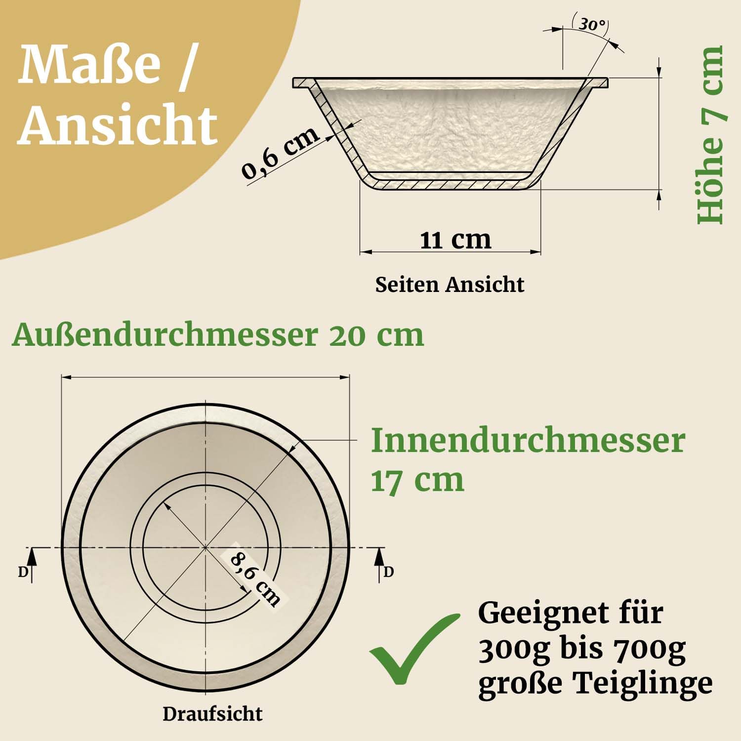 Bäckerei Spiegelhauer Gärkörbchen Set - 3er Set I Form Rund Groß 1kg + Rund Klein 500g + Oval 1kg I Holzschliff Brotform Gärkorb zum Brotbacken
